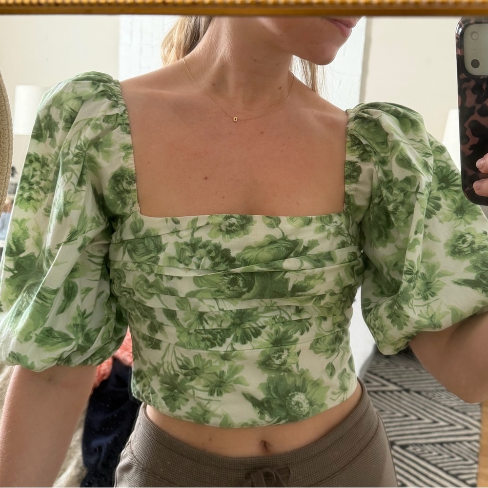 Abercrombie & Fitch Green Floral Puff Sleeve Crop Top